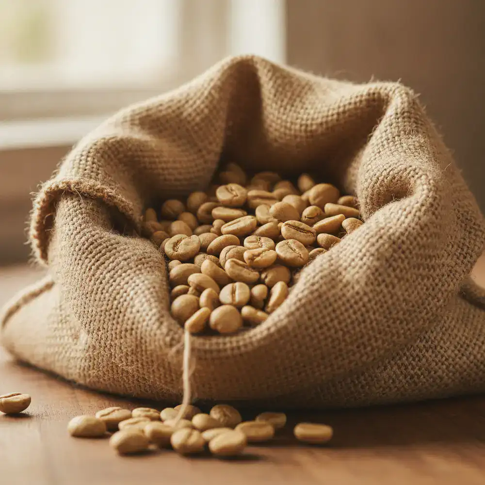Monsooned Malabar Arabica beans resting in a burlap sack