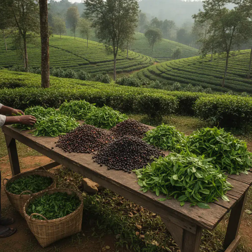 Freshly harvested tea leaves and Malabar coffee beans on an Indian estate