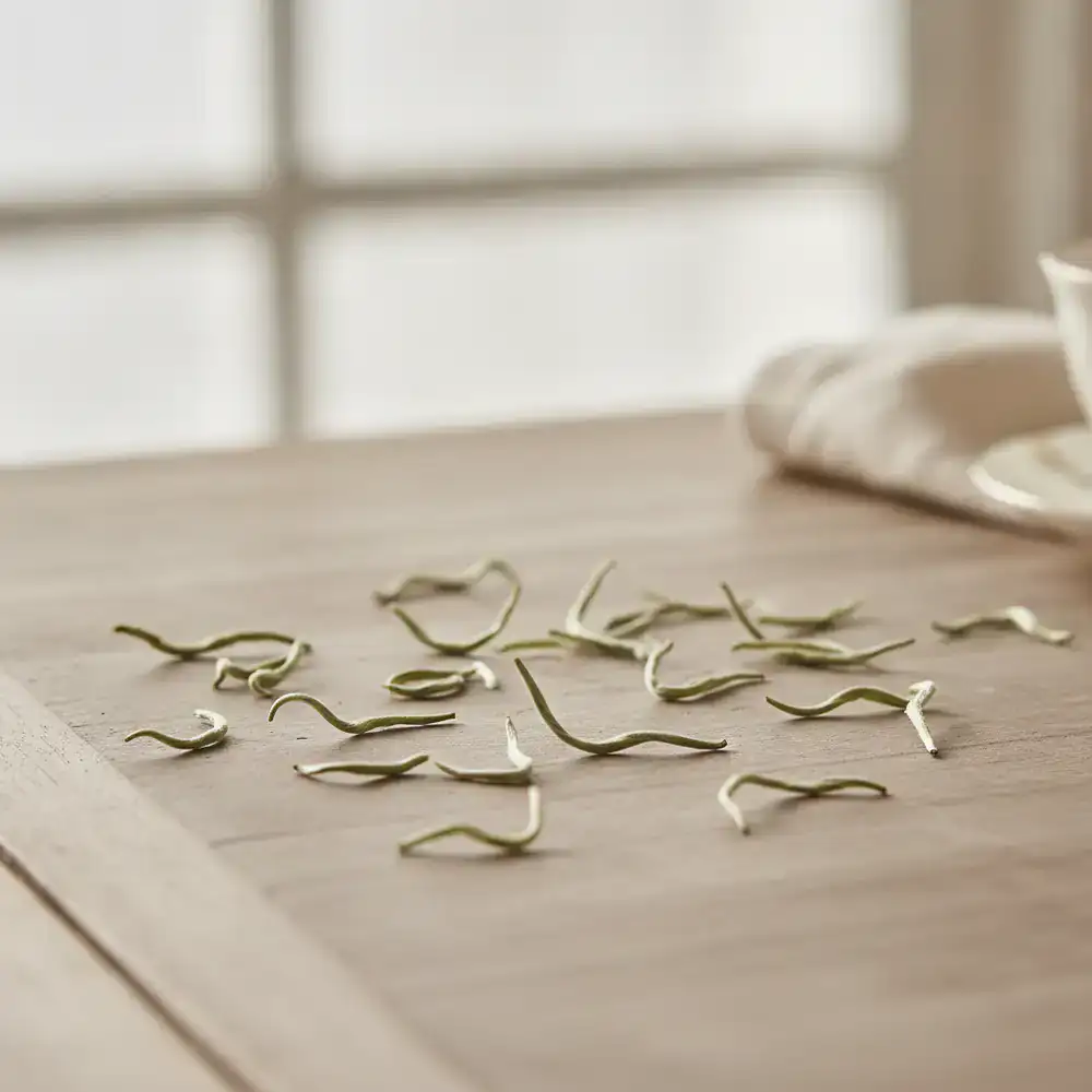 Light, twisted leaves of Darjeeling First Flush tea