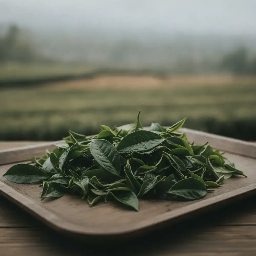 Fresh green Nilgiri tea leaves harvested in winter